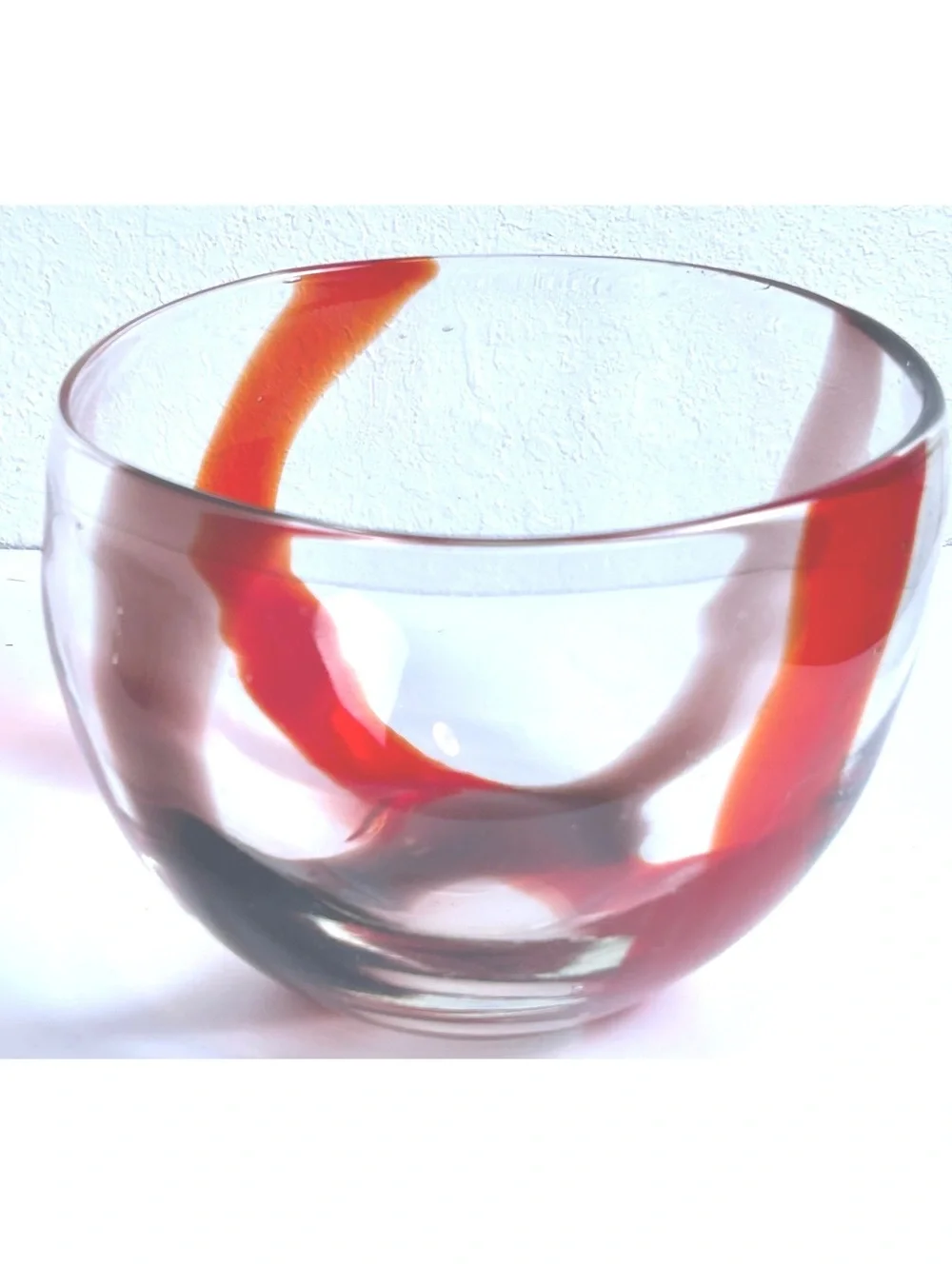 Hand-Blown Glass Bowl with Red Swirl Design